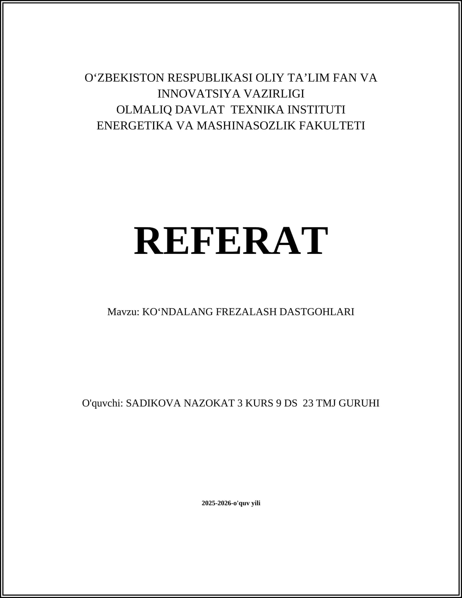 KOʻNDALANG FREZALASH DASTGOHLARI 1