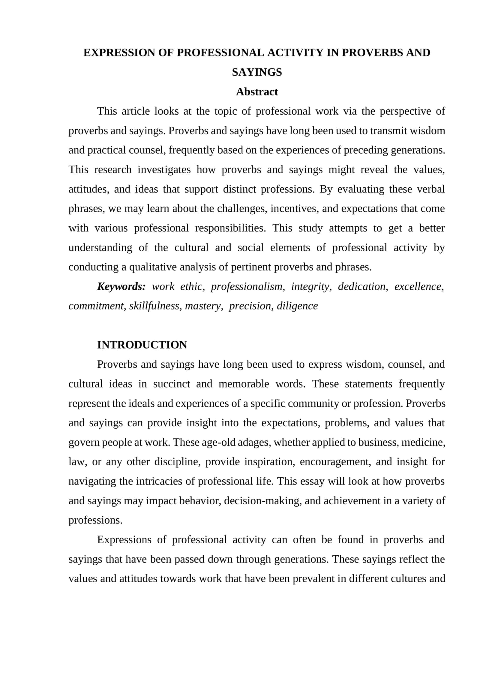 EXPRESSION OF PROFESSIONAL ACTIVITY IN PROVERBS AND SAYINGS 1