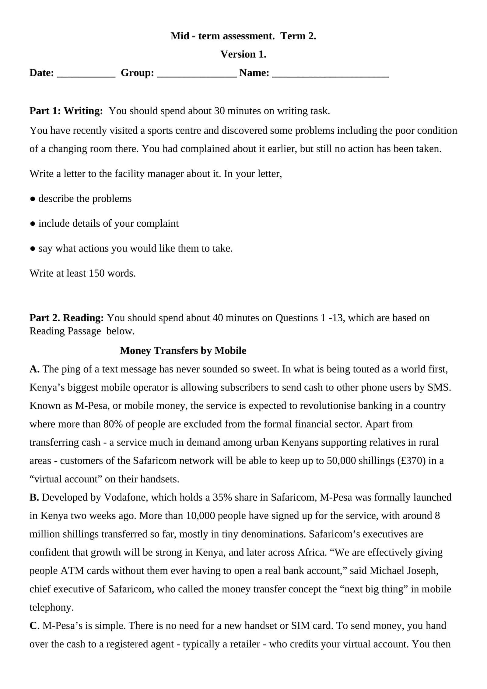 Mid - term assessment. Term 2 1