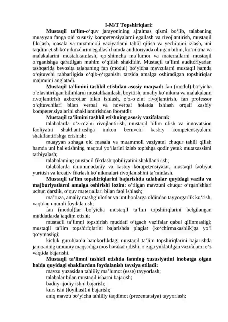 Mustaqil Ta'lim Topshiriqlari