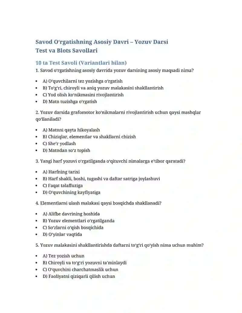 Savod O‘rgatishning Asosiy Davri – Yozuv Darsi
