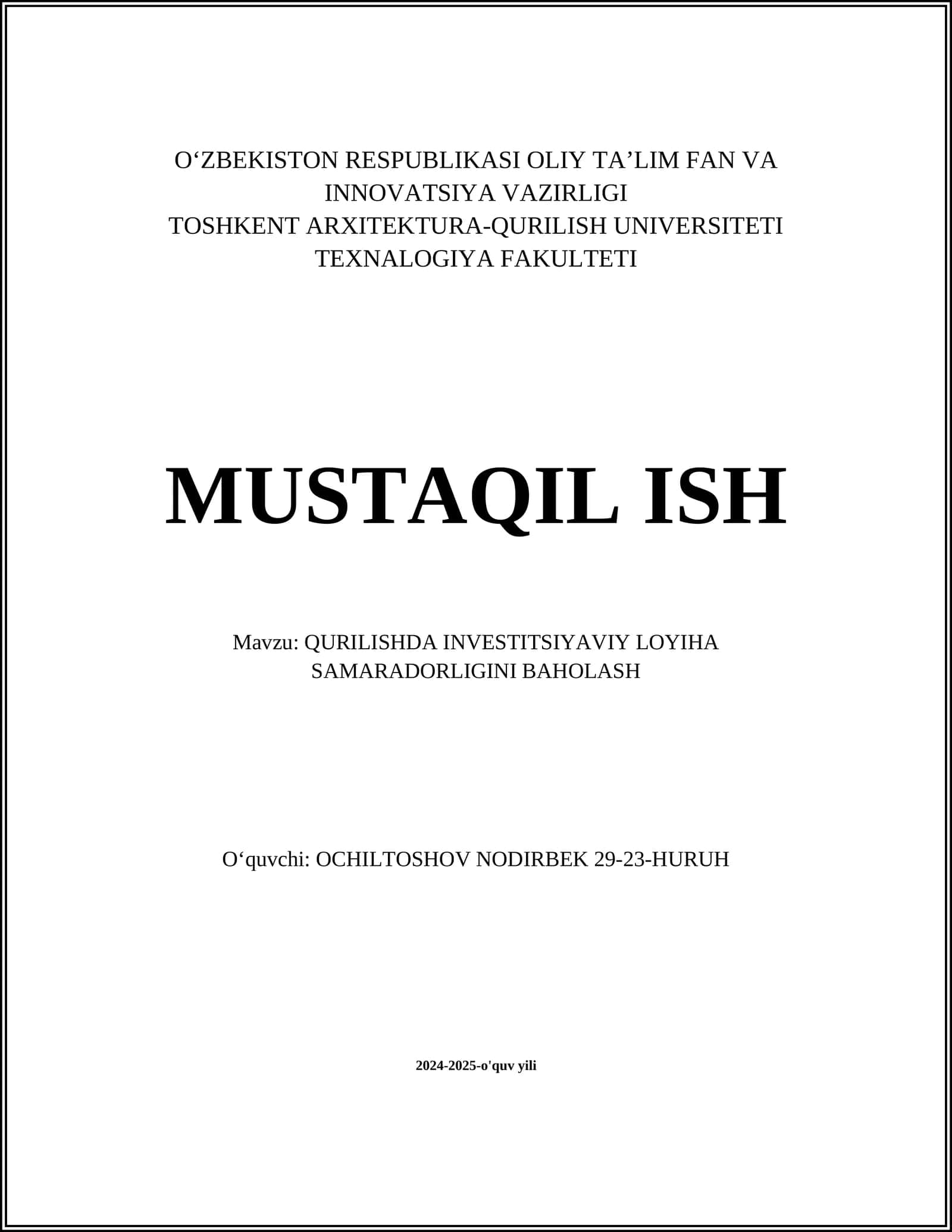 QURILISHDA INVESTITSIYAVIY LOYIHA SAMARADORLIGINI BAHOLASH 1