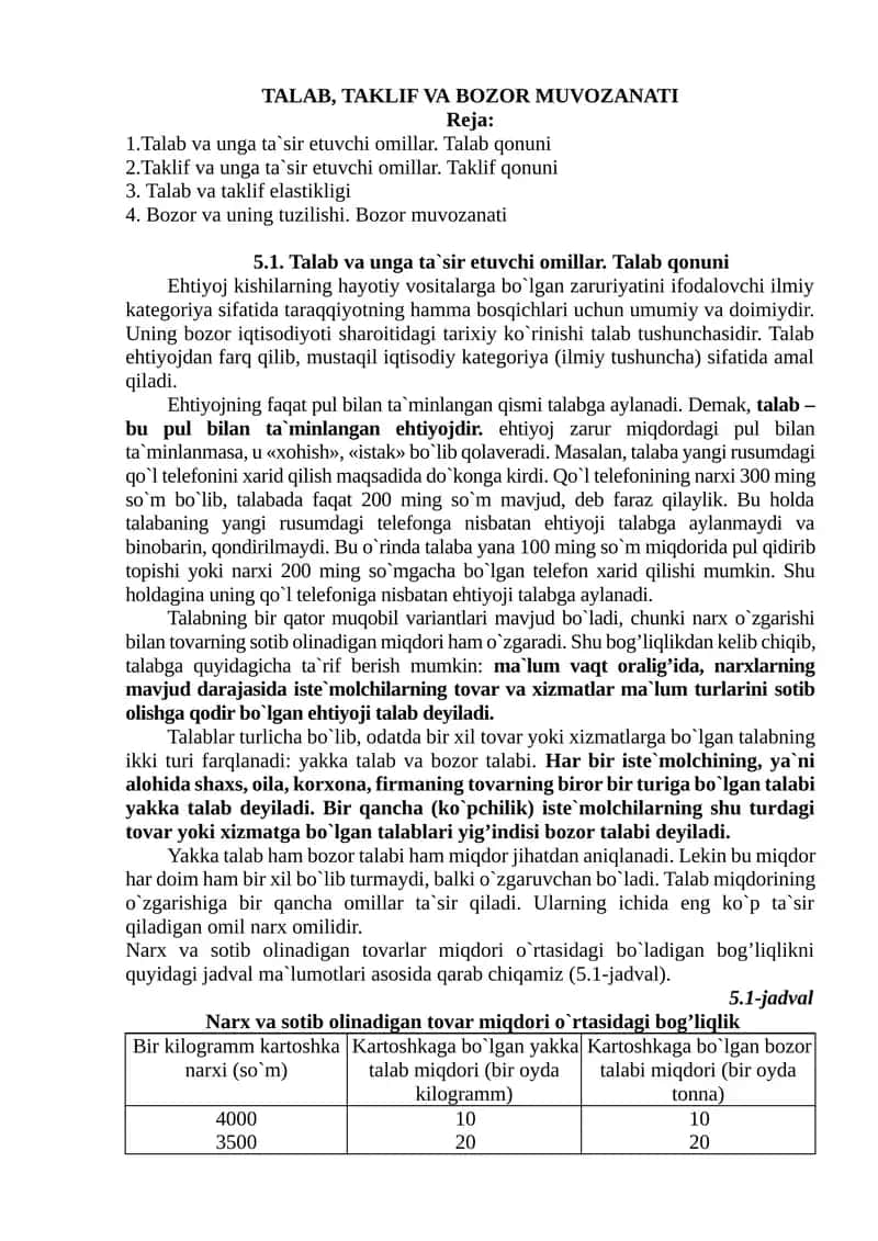 TALAB, TAKLIF VA BOZOR MUVOZANATI 1