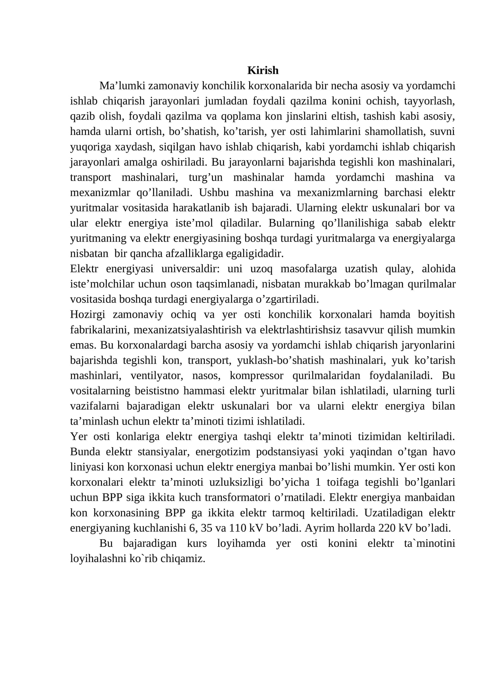 Zamonaviy konchilik korxonalarida elektr yuritmalar va elektr energiyasining qo'llanilishi 1
