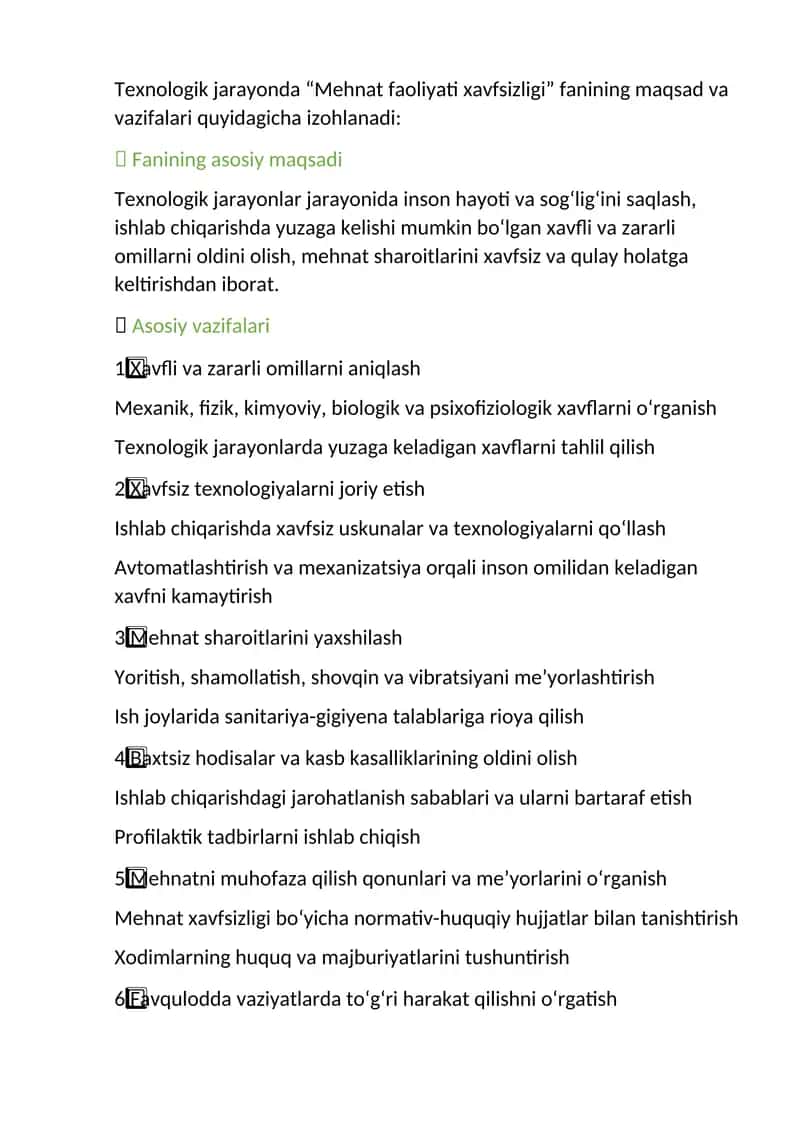 “Mehnat faoliyati xavfsizligi” fanining maqsad va vazifalari 1