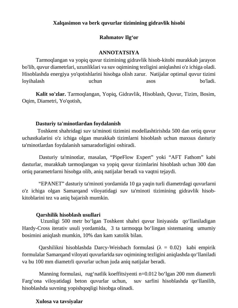 Xalqasimon va berk quvurlar tizimining gidravlik hisobi 1