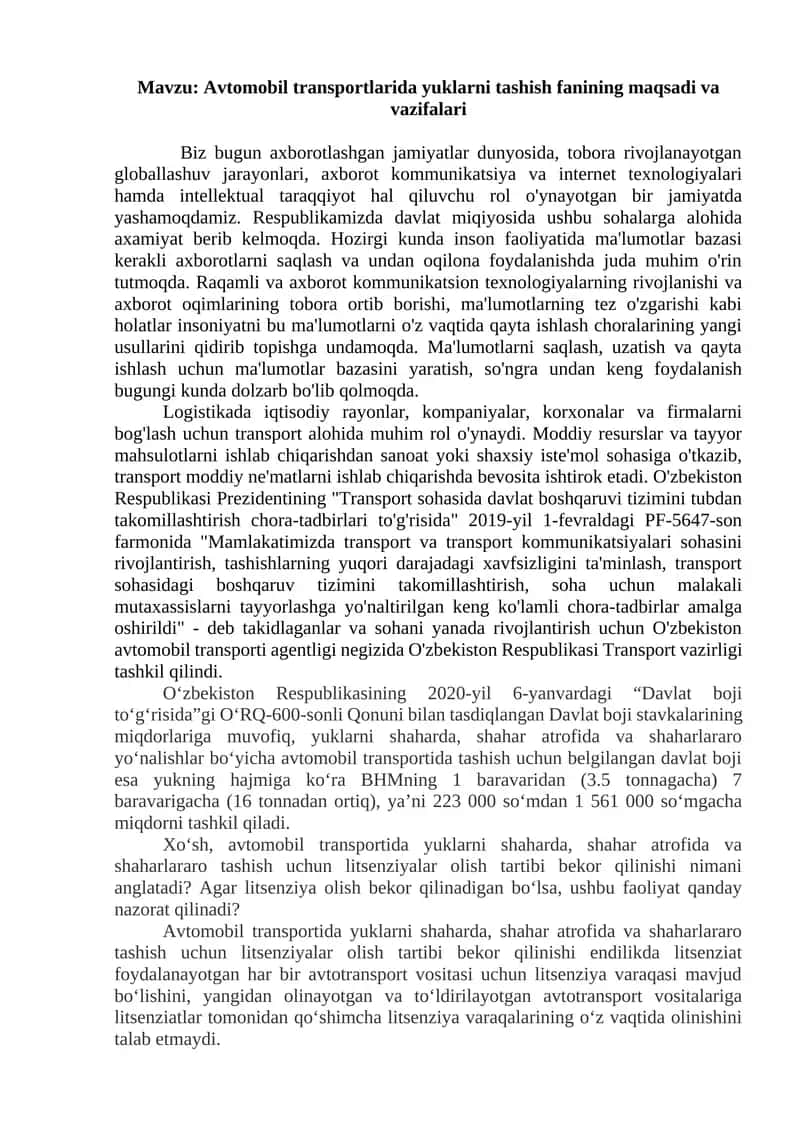 Avtomobil transportlarida yuklarni tashish fanining maqsadi va vazifalari 1