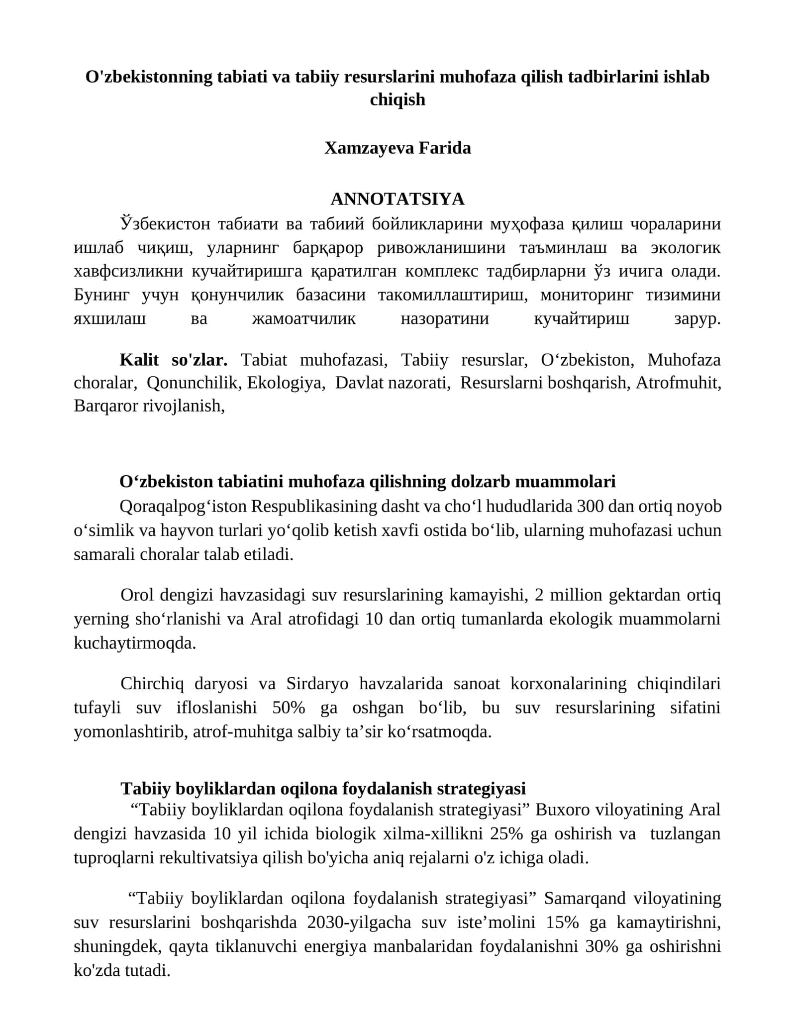 O'zbekistonning tabiati va tabiiy resurslarini muhofaza qilish tadbirlarini ishlab chiqish 1