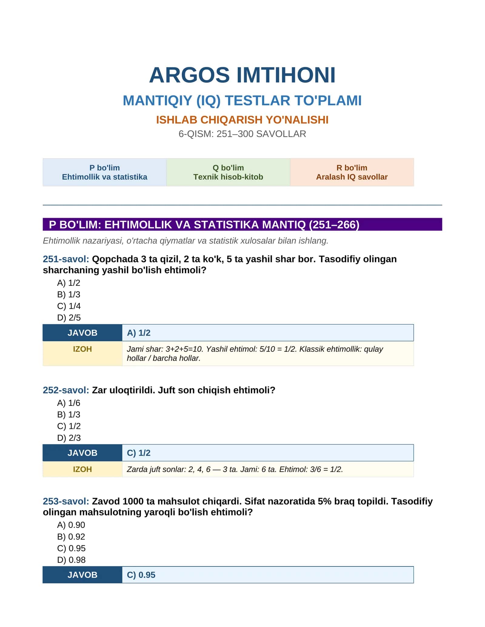 ARGOS IMTIHONI MANTIQIY (IQ) TESTLAR TO'PLAMI 1