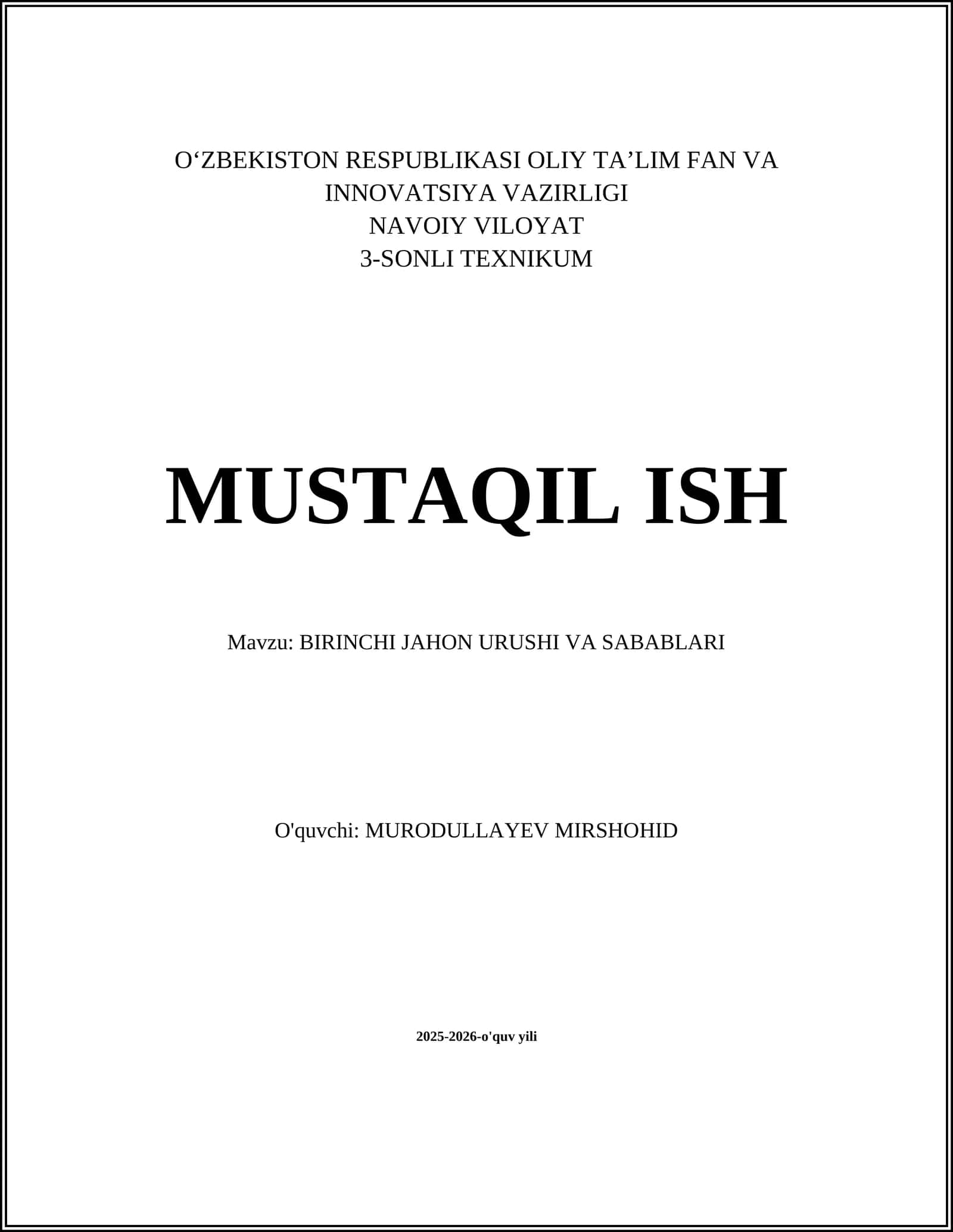 BIRINCHI JAHON URUSHI VA SABABLARI 1