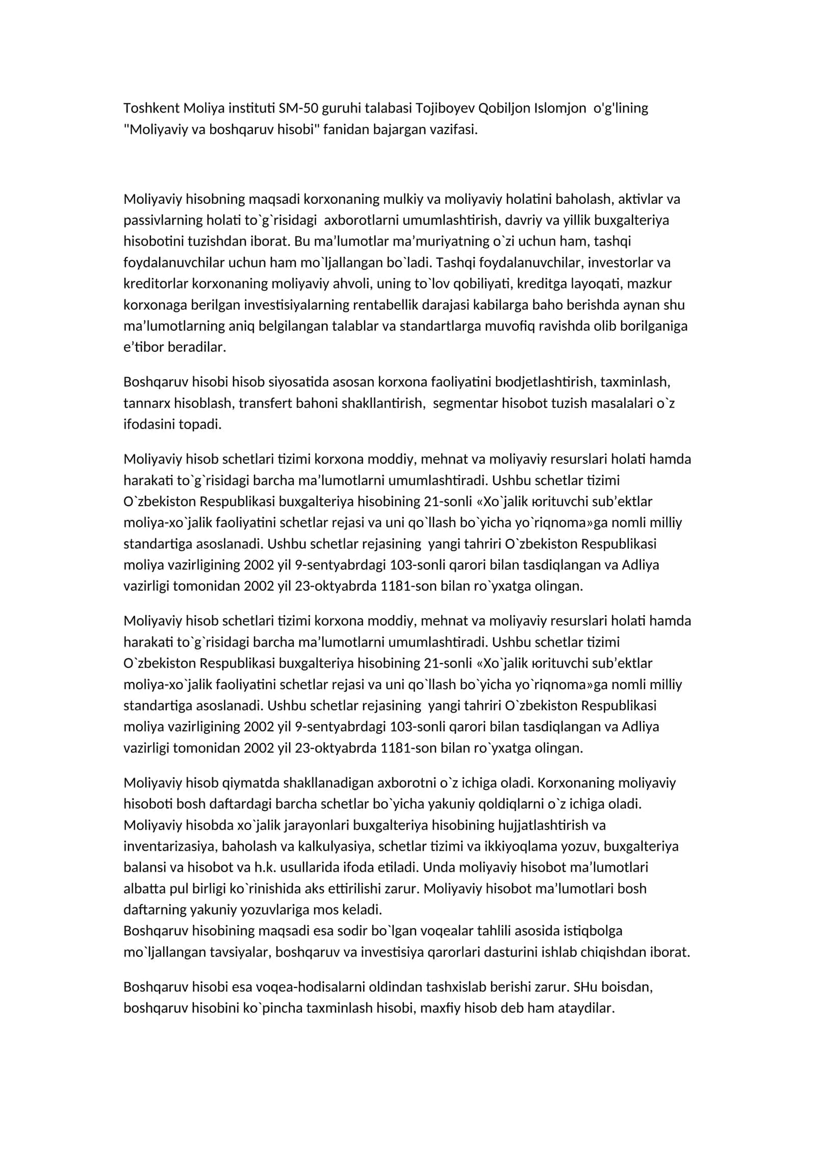 Moliyaviy va boshqaruv hisobi 1