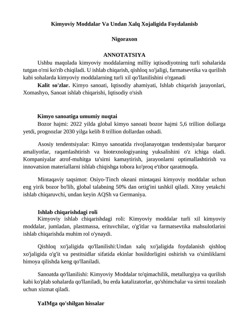 Kimyoviy Moddalar Va Undan Xalq Xojaligida Foydalanisb Nigoraxon 1