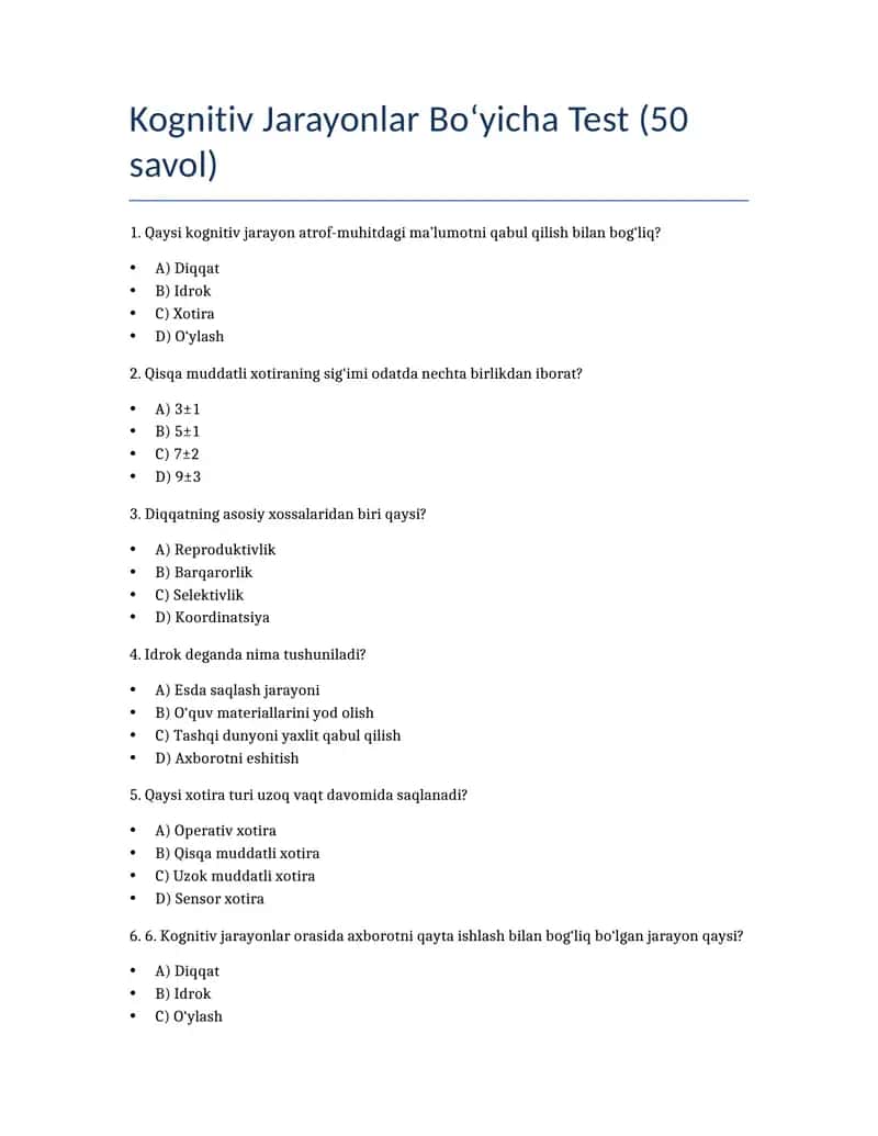 Kognitiv Jarayonlar Bo‘yicha Test (50 savol) 1