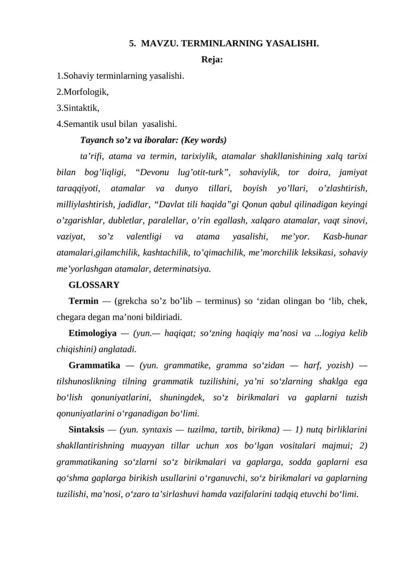 MAVZU. TERMINLARNING YASALISHI 1