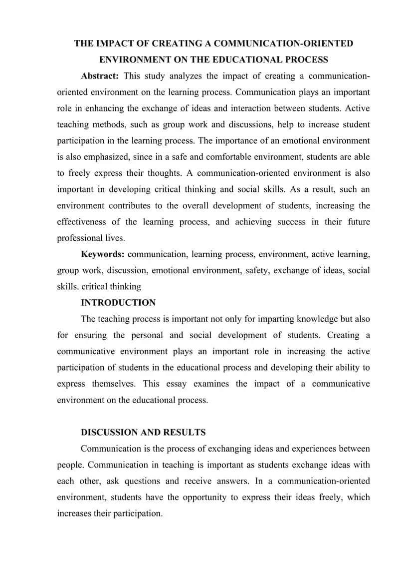 THE IMPACT OF CREATING A COMMUNICATION-ORIENTED ENVIRONMENT ON THE EDUCATIONAL PROCESS. 1