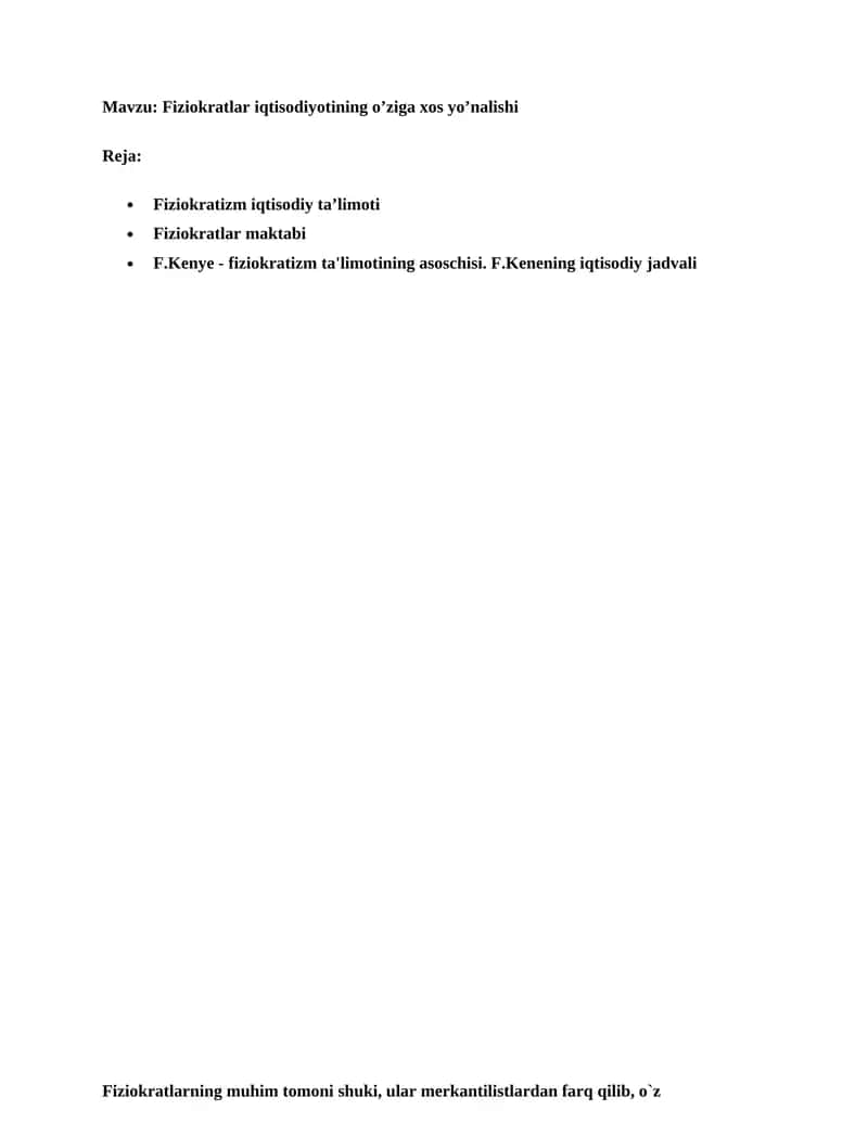 Fiziokratlar iqtisodiyotini o’rganish 1