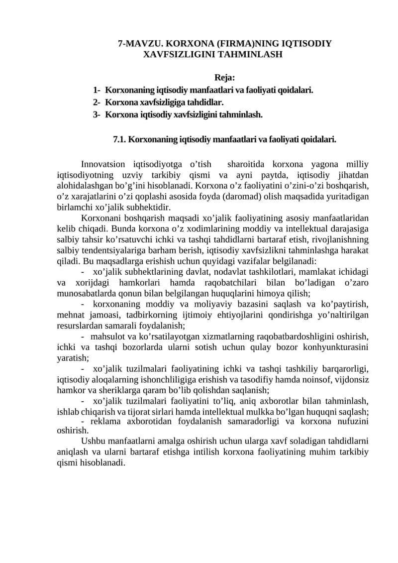 KORXONA (FIRMA)NING IQTISODIY XAVFSIZLIGINI TAHMINLASH 1