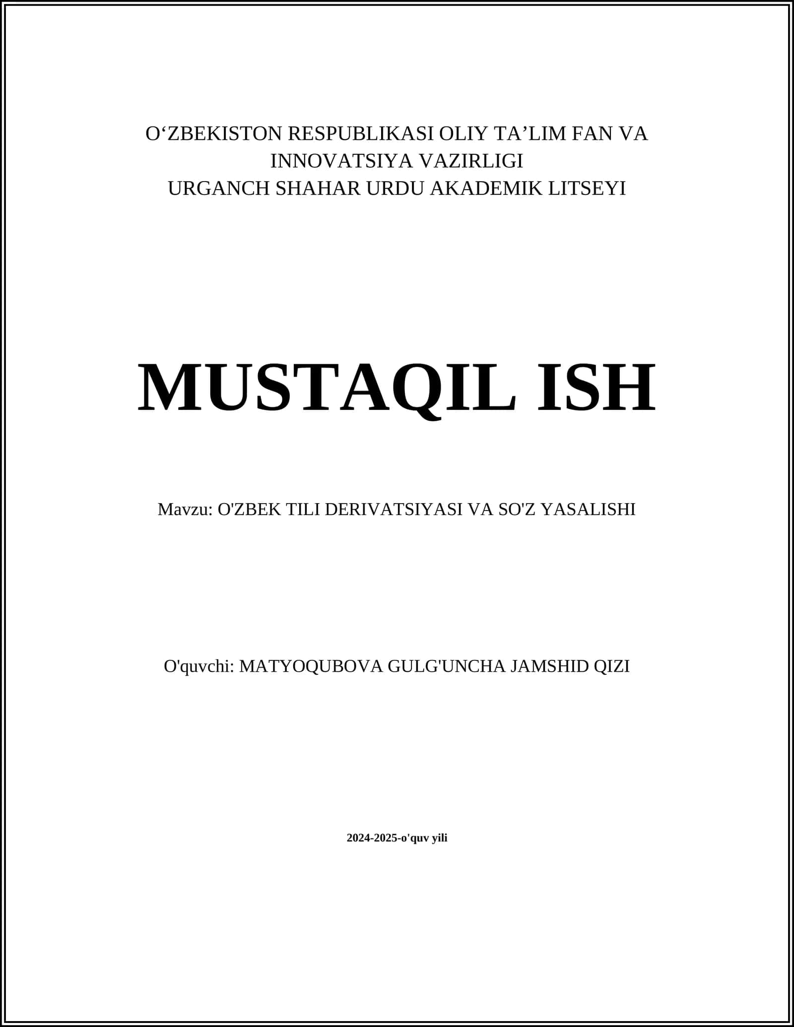 O'ZBEK TILI DERIVATSIYASI VA SO'Z YASALISHI 1