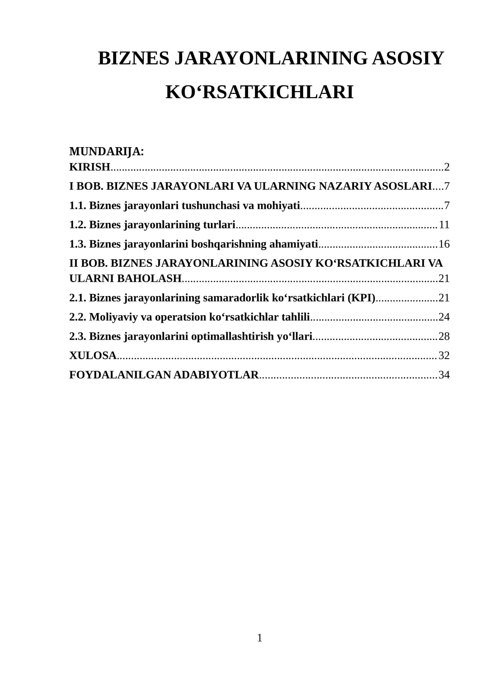 BIZNES JARAYONLARINING ASOSIY KO‘RSATKICHLARI 1