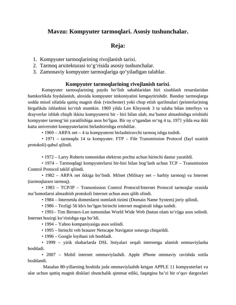 Kompyuter tarmoqlari. Asosiy tushunchalar 1