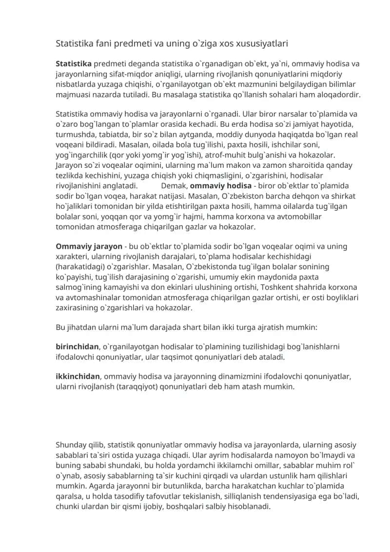 Statistika fani predmeti va uning o`ziga xos xususiyatlari 1