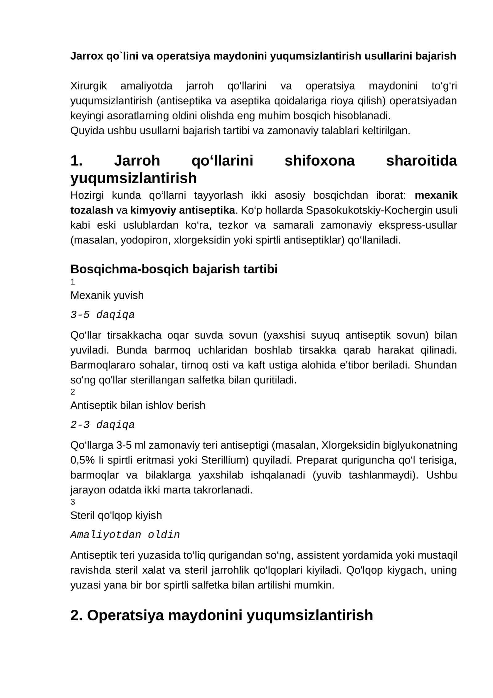 Jarrox qo‘lini va operatsiya maydonini yuqumsizlantirish usullarini bajarish 1