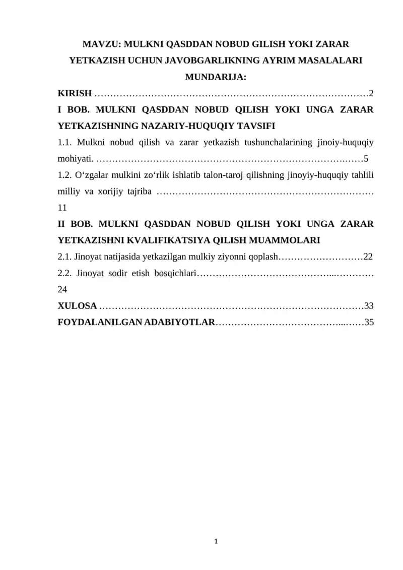 MULKNI QASDDAN NOBUD GILISH YOKI ZARAR YETKAZISH UCHUN JAVOBGARLIKNING AYRIM MASALALARI 1