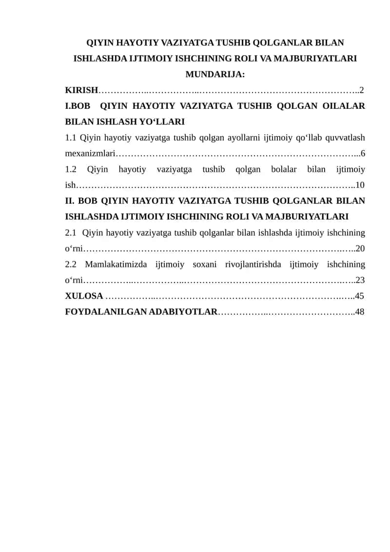 QIYIN HAYOTIY VAZIYATGA TUSHIB QOLGANLAR BILAN ISHLASHDA IJTIMOIY ISHCHINING ROLI VA MAJBURIYATLARI 1
