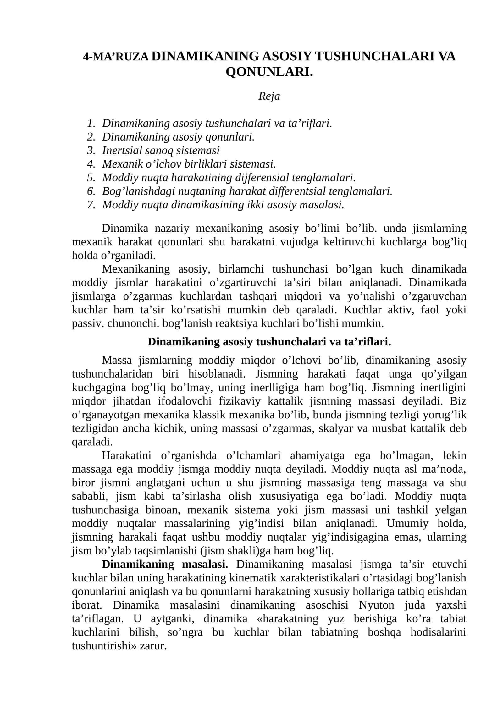 4-MA’RUZA DINAMIKANING ASOSIY TUSHUNCHALARI VA QONUNLARI 1