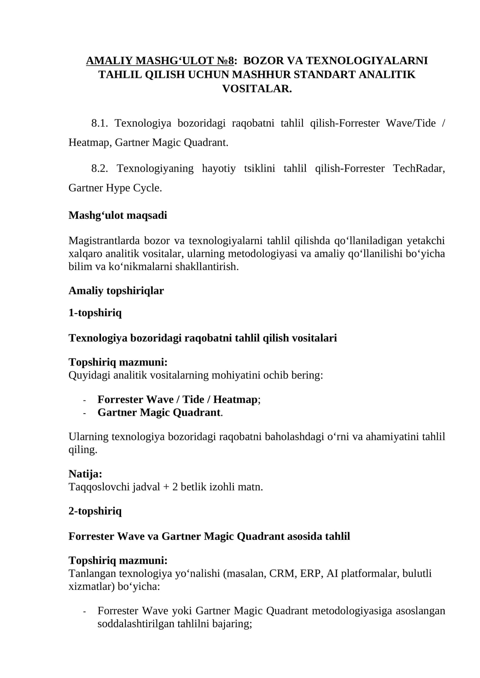 BOZOR VA TEXNOLOGIYALARNI TAHLIL QILISH UCHUN MASHHUR STANDART ANALITIK VOSITALAR. 1