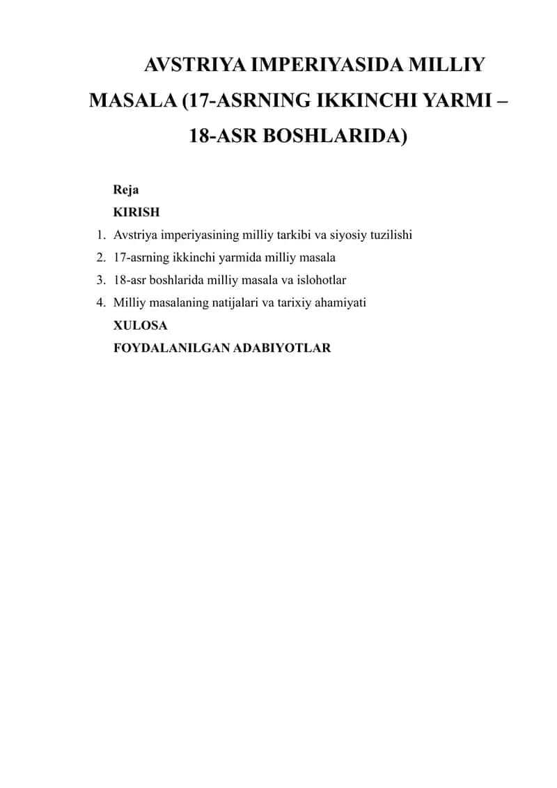 AVSTRIYA IMPERIYASIDA MILLIY MASALA (17-ASRNING IKKINCHI YARMI – 18-ASR BOSHLARIDA) 1