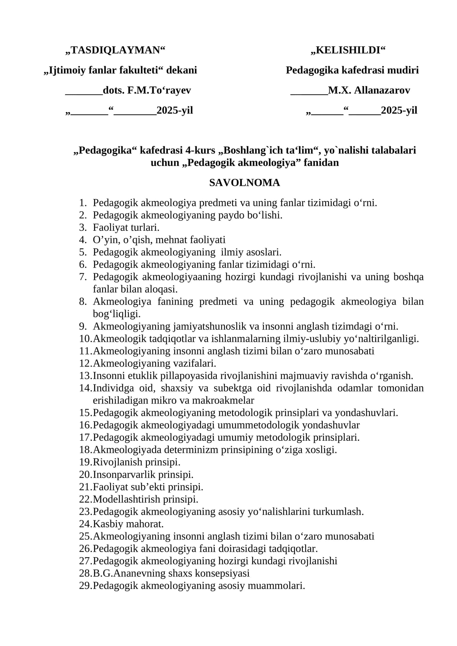 Pedagogik akmeologiya fanidan SAVOLNOMA 1