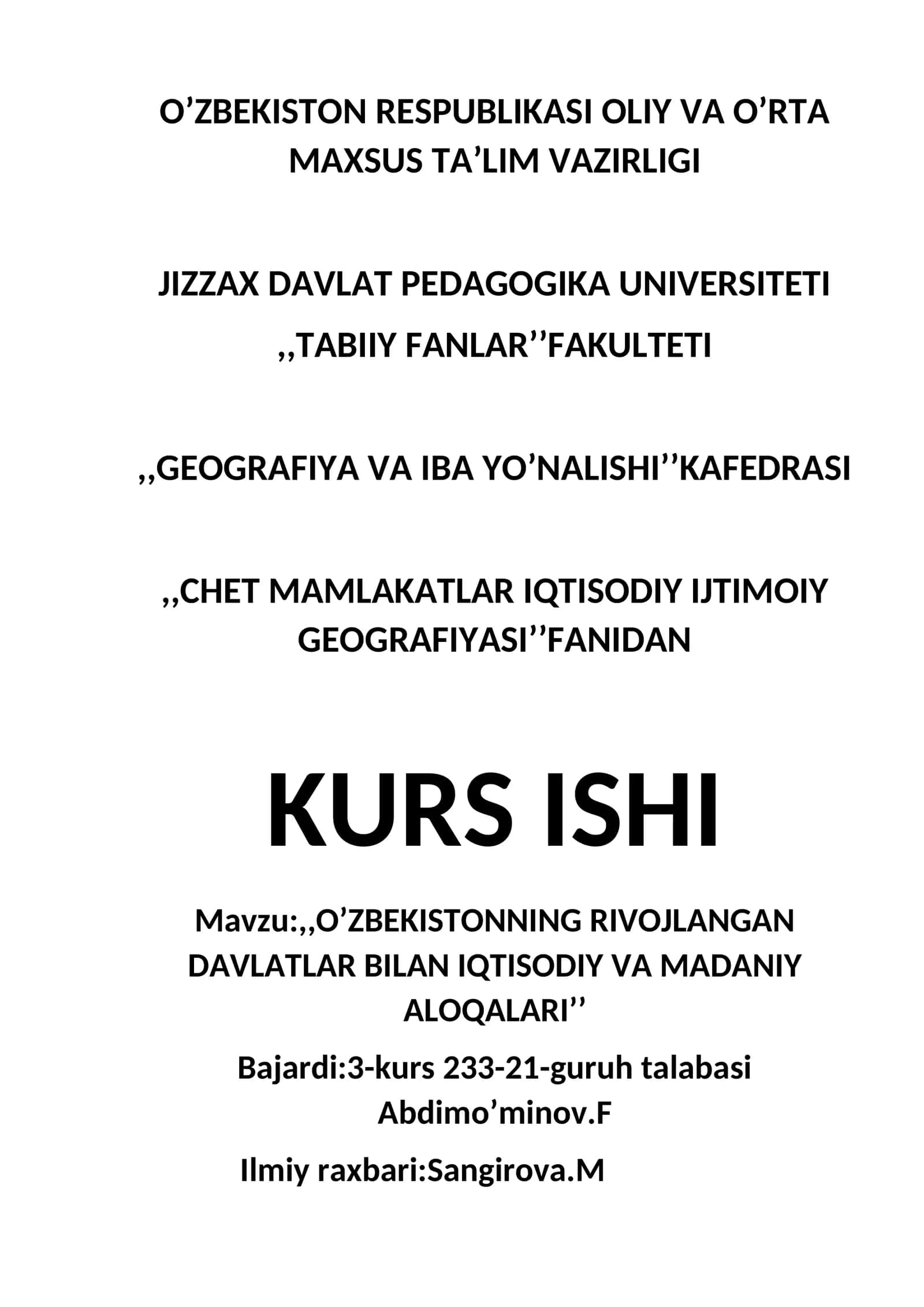 O‘ZBEKISTONNING RIVOJLANGAN DAVLATLAR BILAN IQTISODIY VA MADANIY ALOQALARI 1