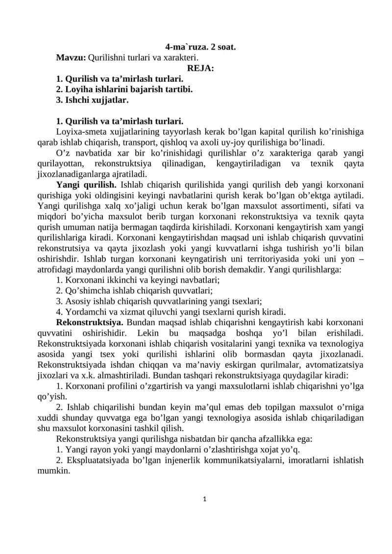 Qurilish va ta’mirlash turlari 1