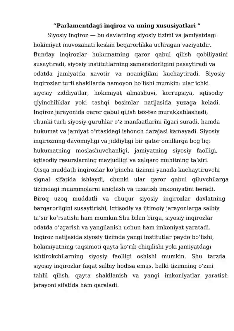 Parlamentdagi inqiroz va uning xususiyatlari