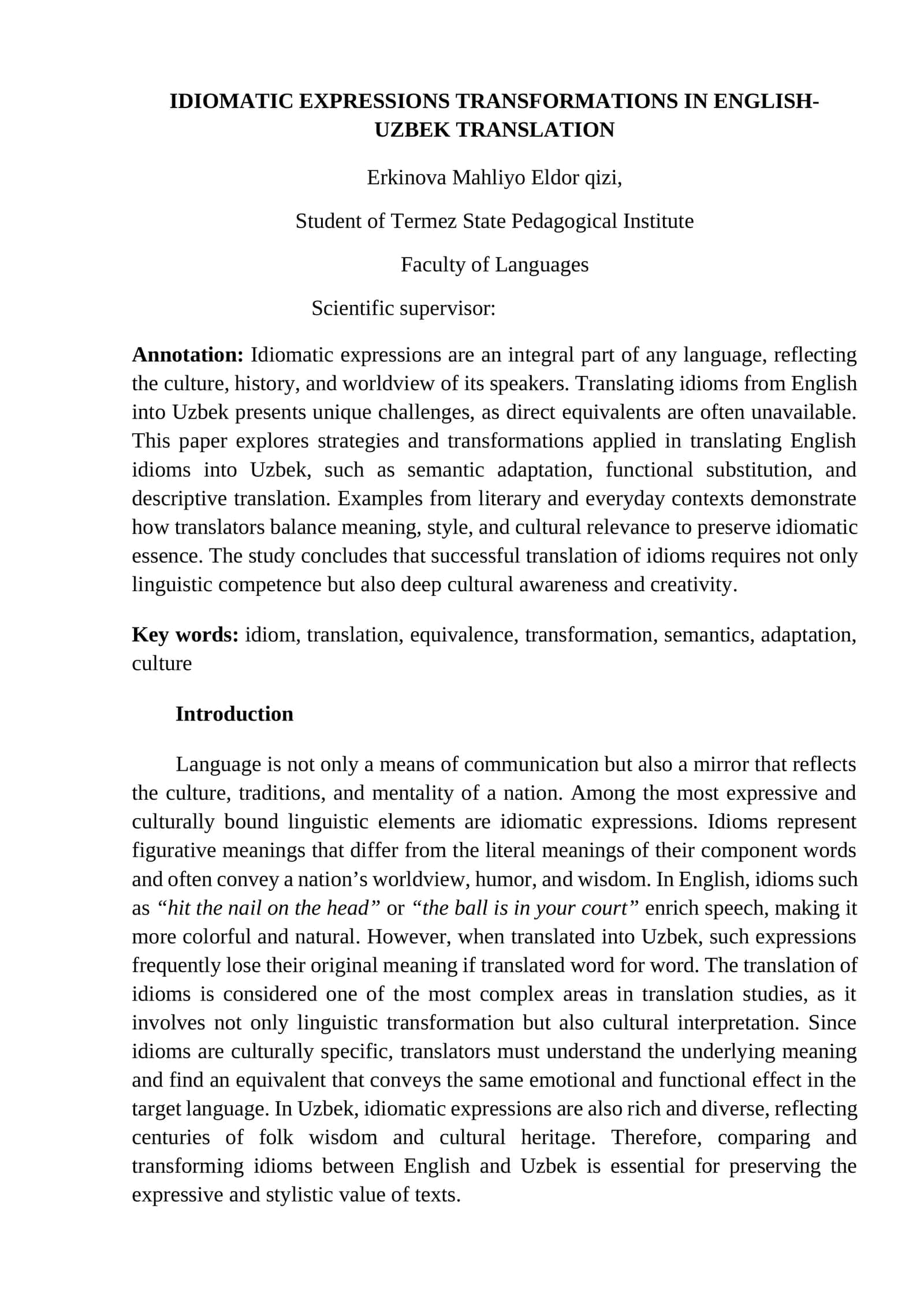 Idiomatic Expressions Transformations in English-Uzbek Translation 1