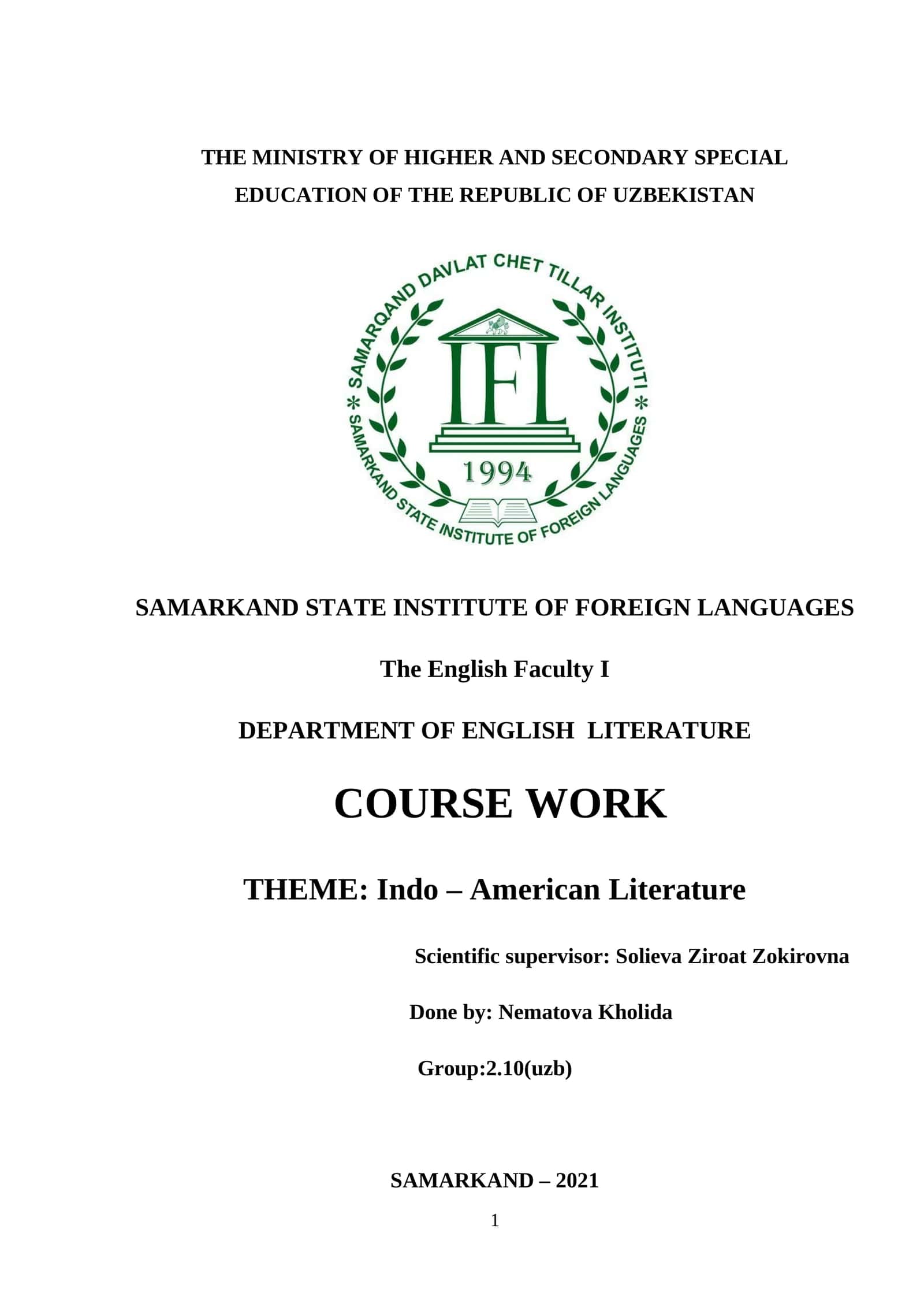 Indo - American Literature Course Work 1
