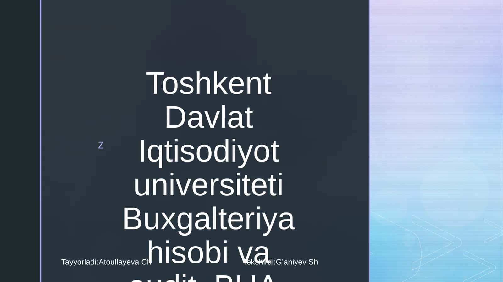 Davlat sektorida buxgalteriya hisobi fanidan “Davlat maqsadli va boshqa budjetdan tashqari jamg’armalari bo’yicha moliyaviy natijalari hisobi“ mavzusida taqdimoti 1