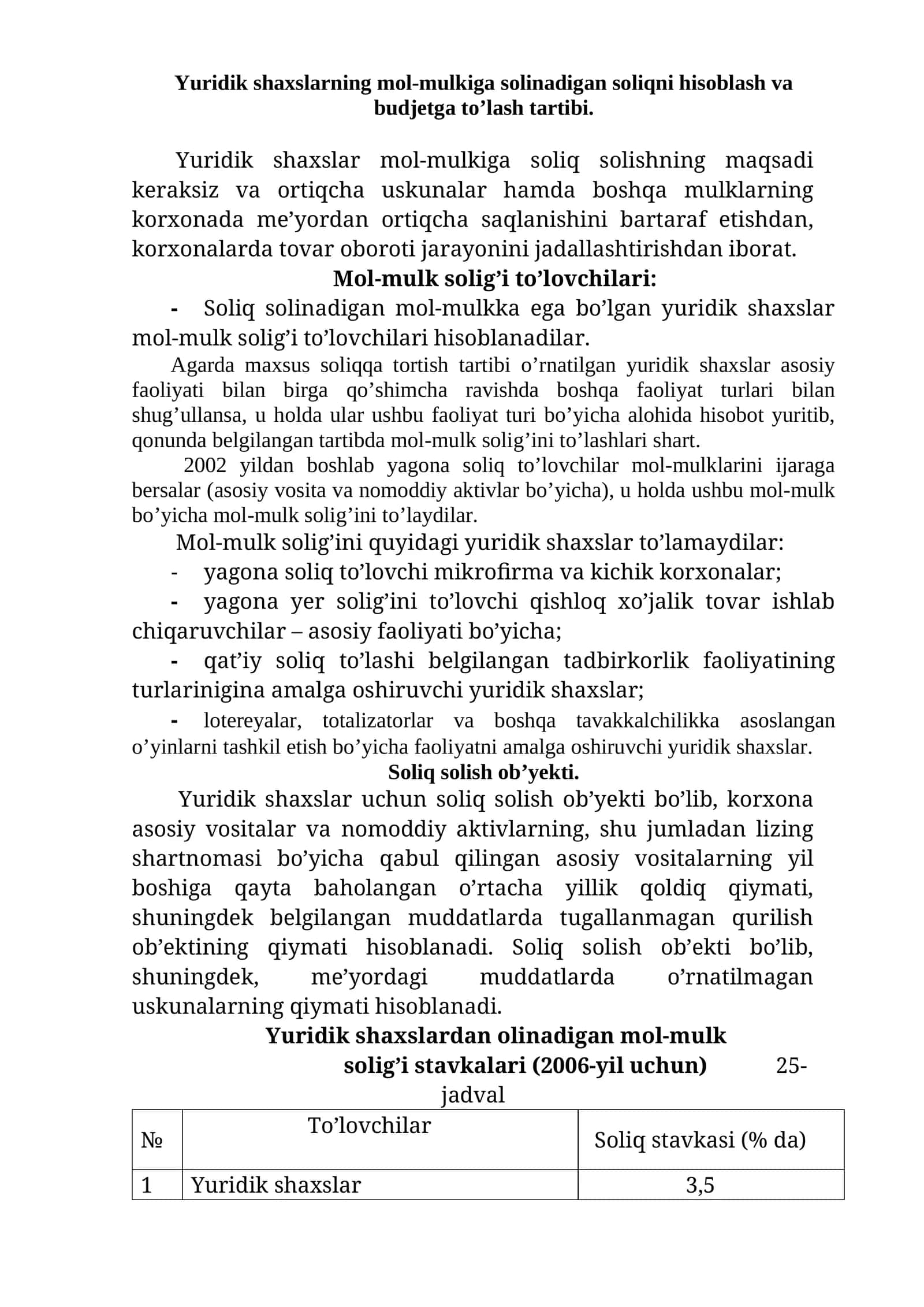 Yuridik shaxslarning mol-mulkiga solinadigan soliqni hisoblash va budjetga to’lash tartibi 1