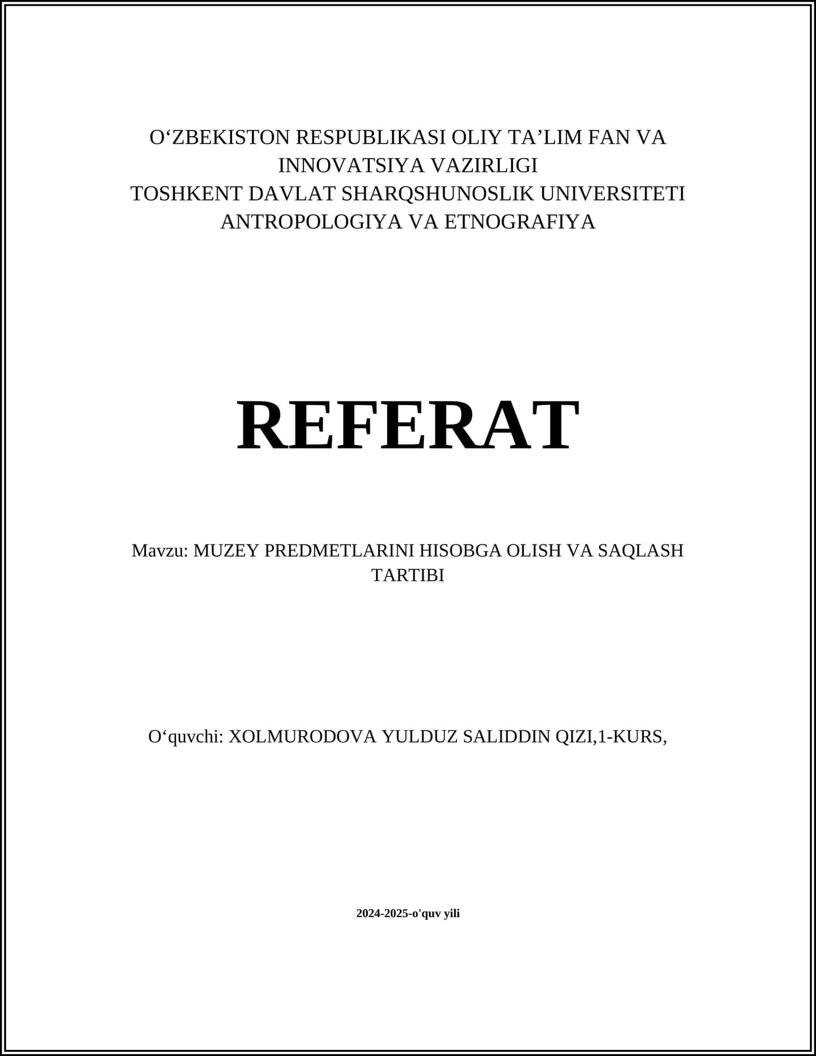 MUZEY PREDMETLARINI HISOBGA OLISH VA SAQLASH TARTIBI 1