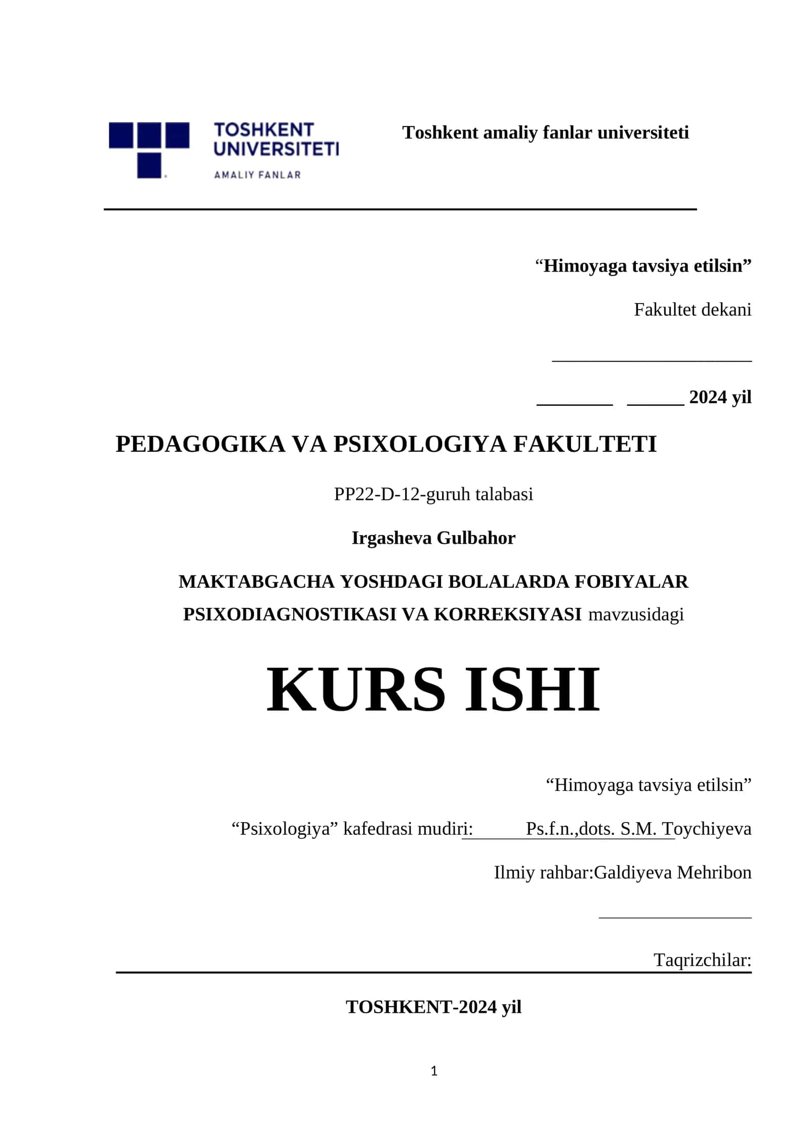 MAKTABGACHA YOSHDAGI BOLALARDA FOBIYALAR PSIXODIAGNOSTIKASI VA KORREKSIYASI KURS ISHI 1