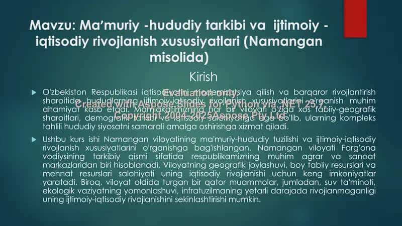 Namangan viloyatining ma'muriy-hududiy tarkibi va ijtimoiy-iqtisodiy rivojlanishining o'ziga xos xususiyatlari 1
