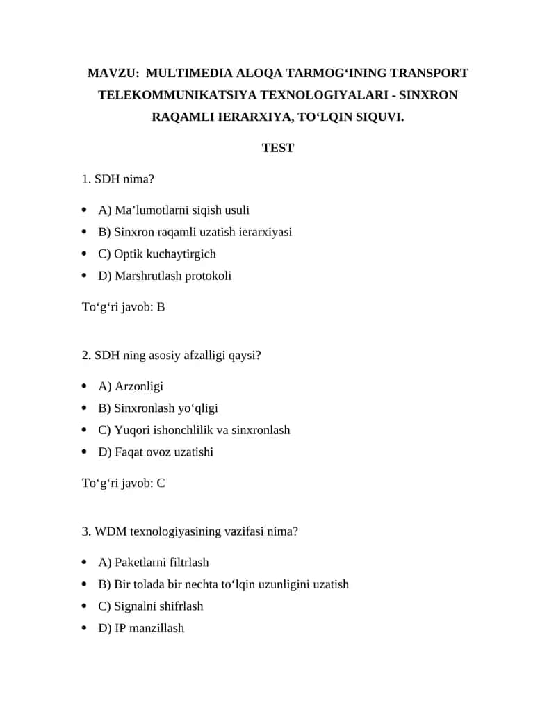 MULTIMEDIA ALOQA TARMOG‘INING TRANSPORT TELEKOMMUNIKATSIYA TEXNOLOGIYALARI - SINXRON RAQAMLI IERARXIYA, TO‘LQIN SIQUVI 1