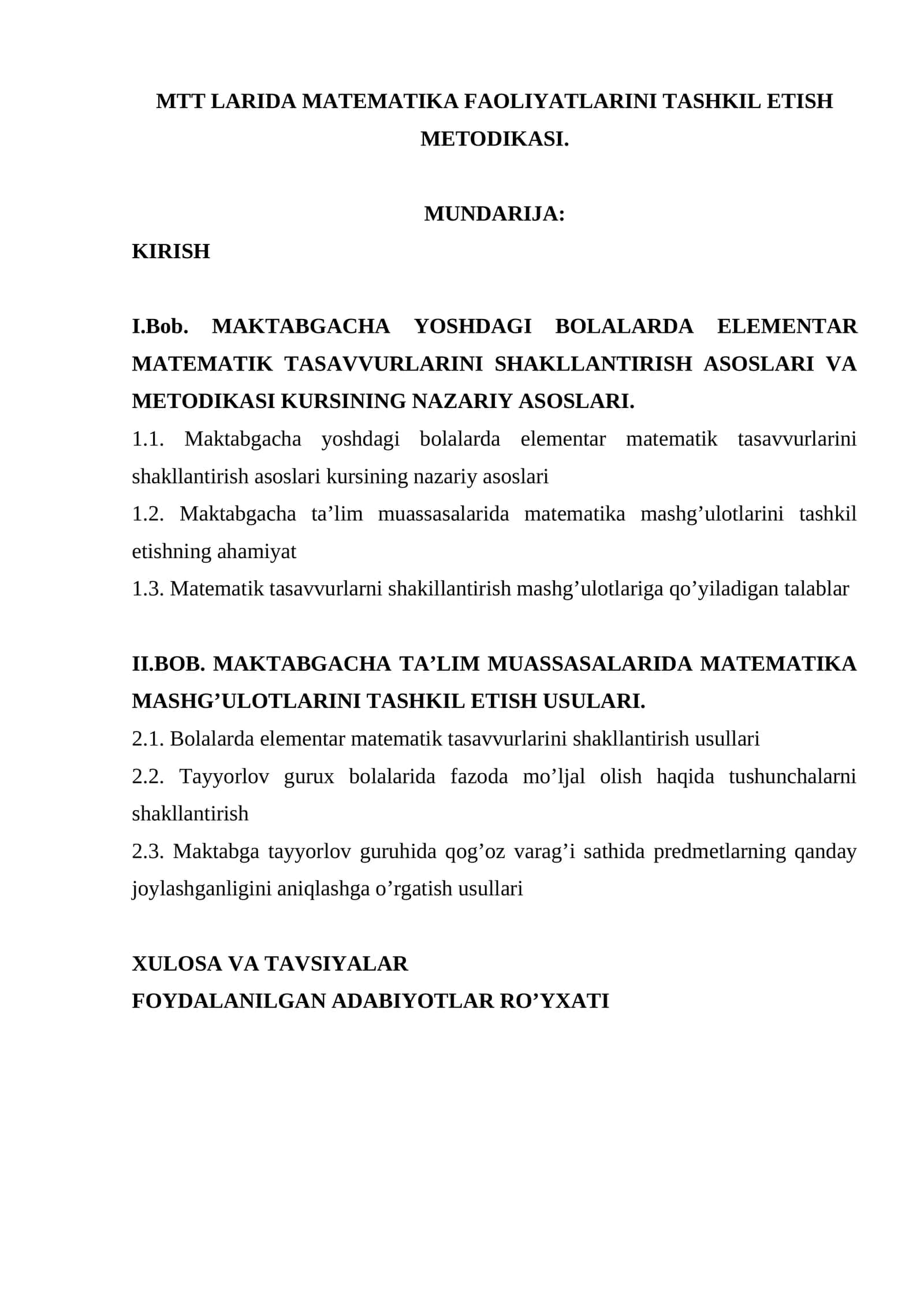 MTT LARIDA MATEMATIKA FAOLIYATLARINI TASHKIL ETISH METODIKASI 1