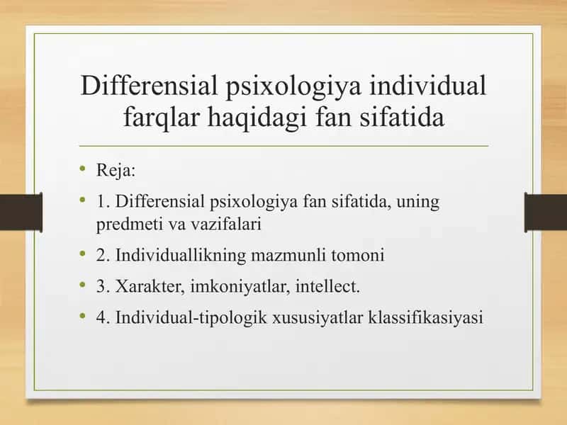 Diferansiyel psixologiya individual farqlar haqidagi fan sifatida 1