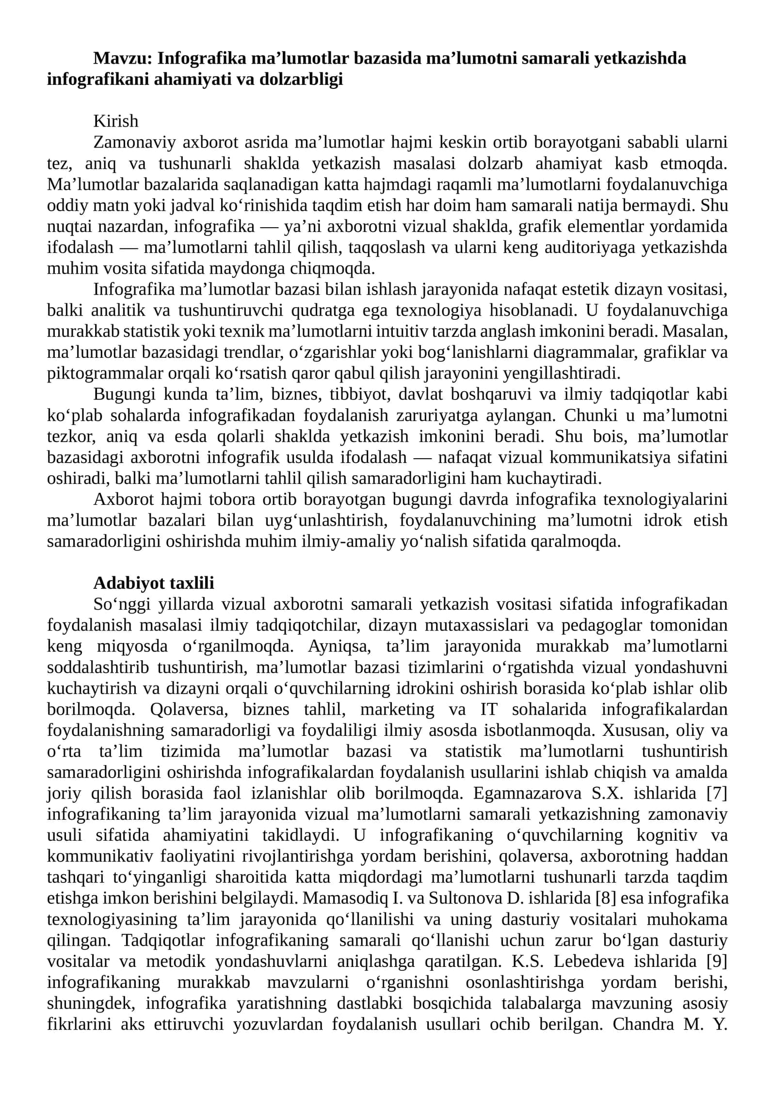 Infografika ma’lumotlar bazasida ma’lumotni samarali yetkazishda infografikani ahamiyati va dolzarbligi 1