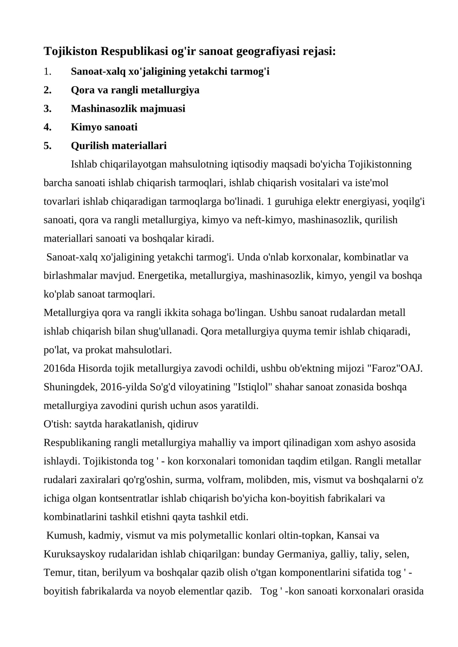 Tojikiston Respublikasi og'ir sanoat geografiyasi rejasi 1