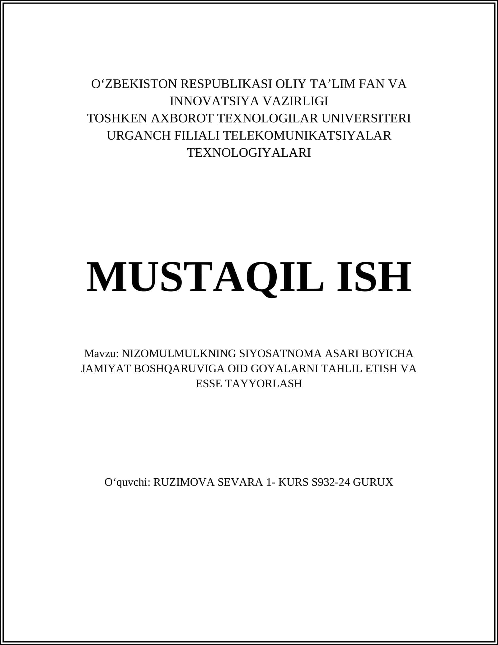Nizomulmulkning siyosatnoma asari boyicha jamiyat boshqaruviga oid goyalarni tahlil etish va esse tayyorlash 1