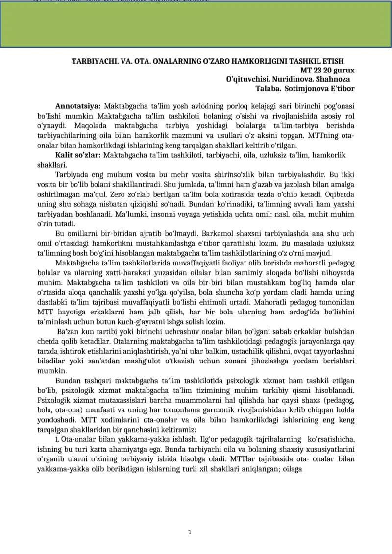 Maktabgacha ta’lim yosh avlodning porloq kelajagi sari birinchi pog’onasi bo’lishi mumkin 1