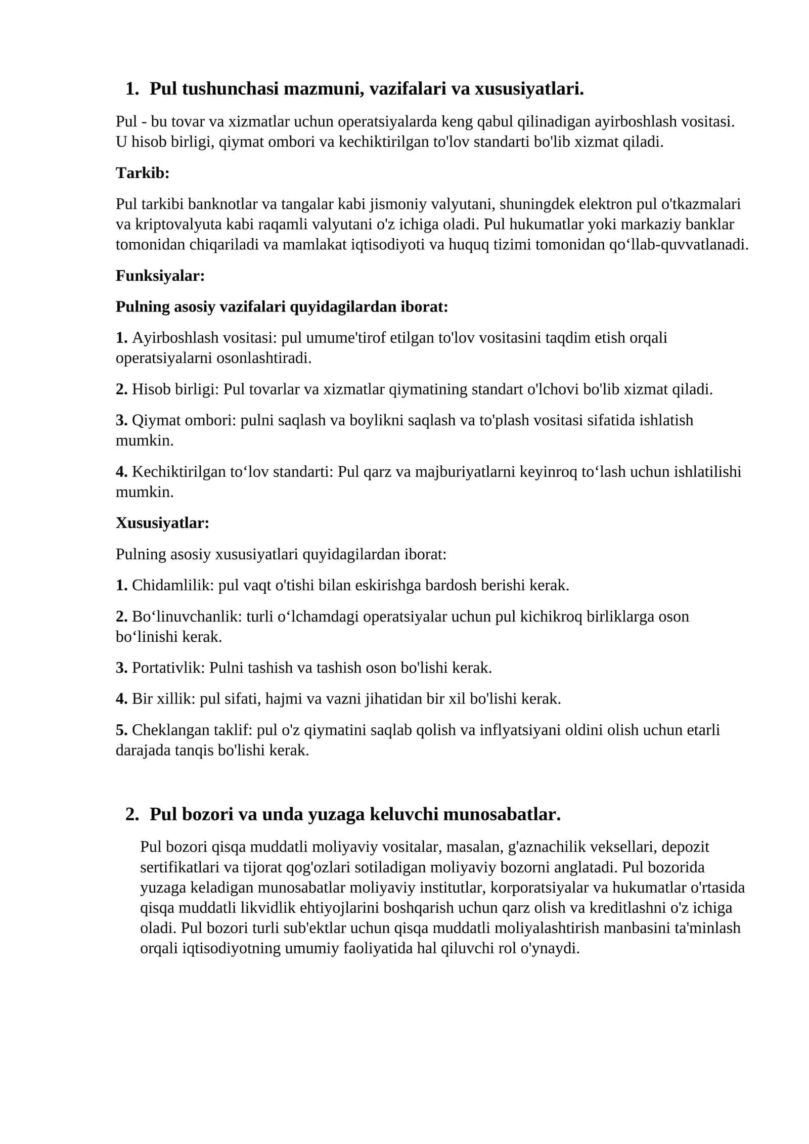 Pul tushunchasi mazmuni, vazifalari va xususiyatlari 1